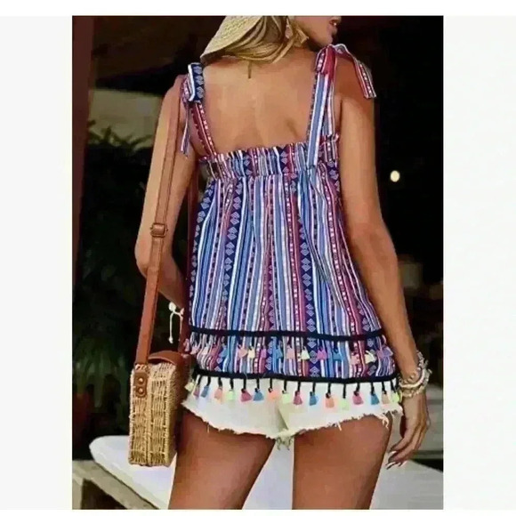 Shein Striped Print Fringe Trim Tie Shoulder Wide Strap Top Multicolor Size S - Picture 2 of 9